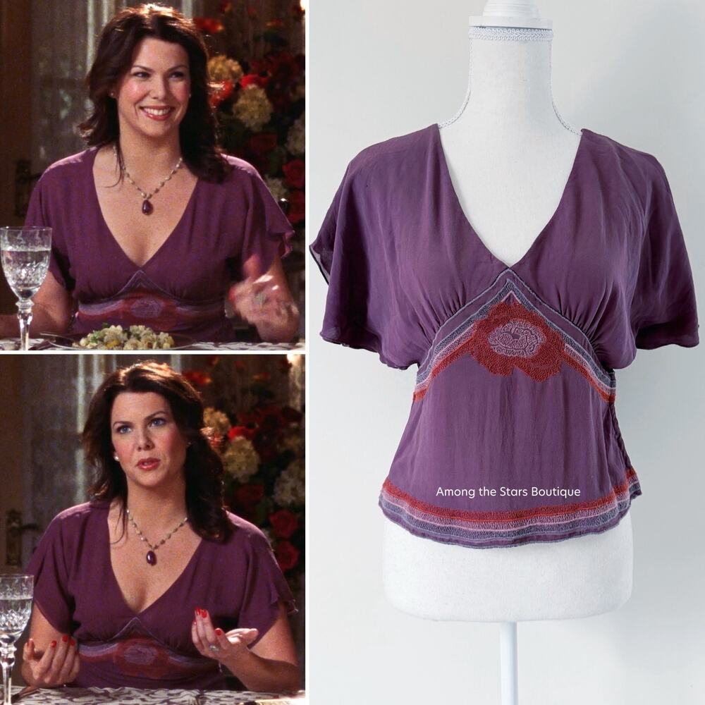 Super Rare Y2K Vintage Purple Silk Flutter Sleeve Blouse ASO Lorelai Gilmore